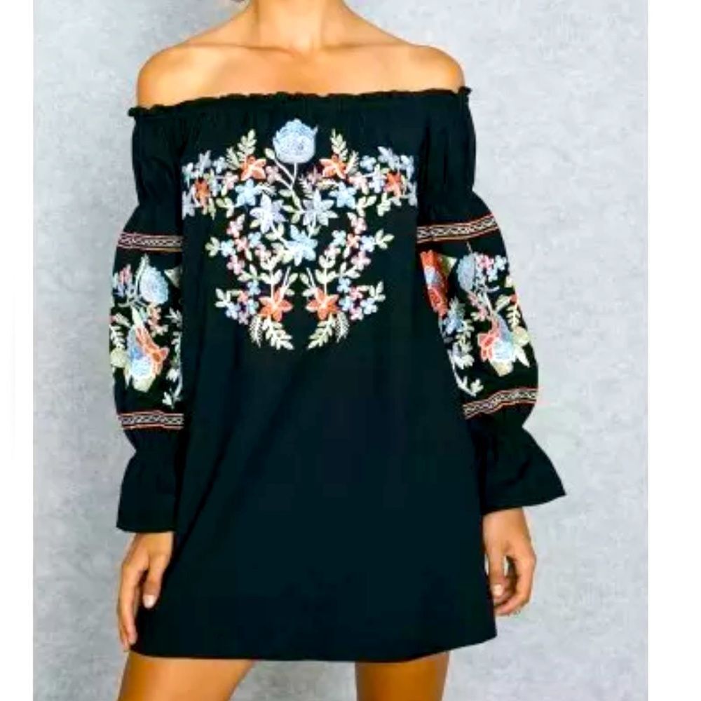 Free People Fleur Du Jour Black Floral long sleeve Embroidered Mini Dress XS-M